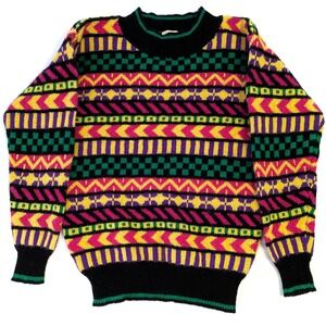 Vintage de rotchild Wool Sweater Geometric Multi-Color Crewneck Mens Small Macau